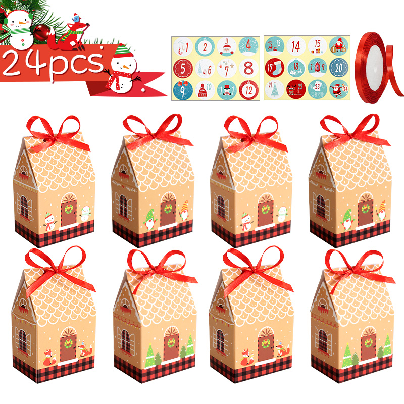 Advent Calendar Gift - 24 ชุดกล่องของขวัญรูปบ้านขนมปังขิงสำหรับปฏิทินนับถอยหลังวันคริสต์มาส อุปกรณ์ห่อของขวัญสำหรับงานปาร์ตี้คริสต์มาส
