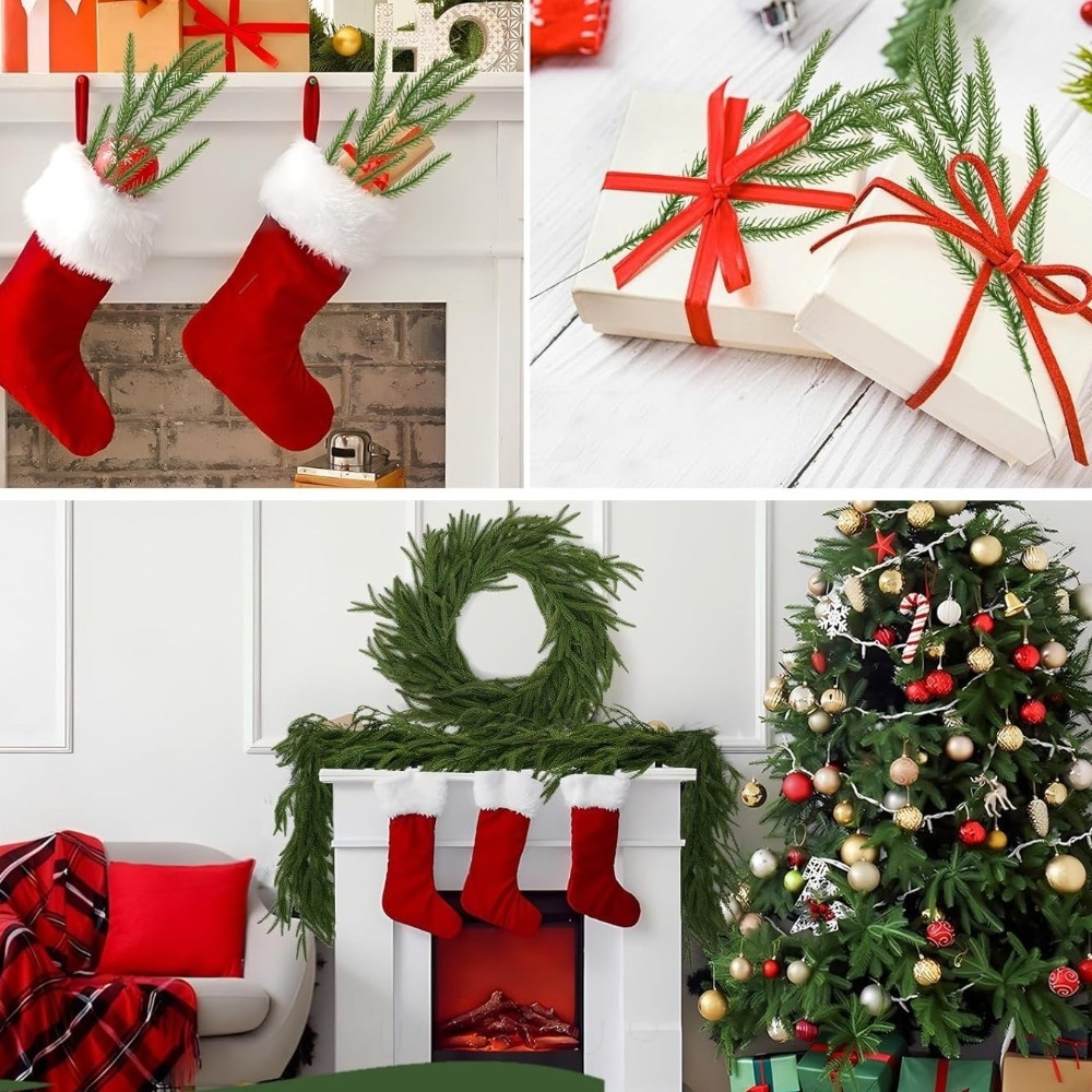Christmas Wreath Fake - กิ่งสนนอร์ฟอล์กเทียมสำหรับคริสต์มาส 10 ชิ้น กิ่งสนนอร์ฟอล์กปลอมสีเขียวพลาสติก สำหรับตกแต่งบ้าน ทำพวงหรีดคริสต์มาส