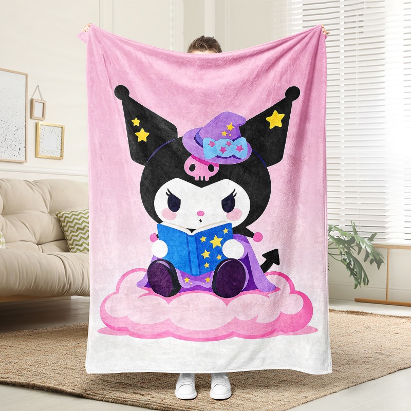 Christmas Throw Blanket - ผ้าห่มซานริโอ คุโรมิ แม่มดเวทมนตร์ ผ้าห่มขนแกะนุ่มสบายสำหรับวัยรุ่น ลายเมฆอันแสนอบอุ่นพร้อมหมวกสีม่วงและหนังสือลายดวงดาว