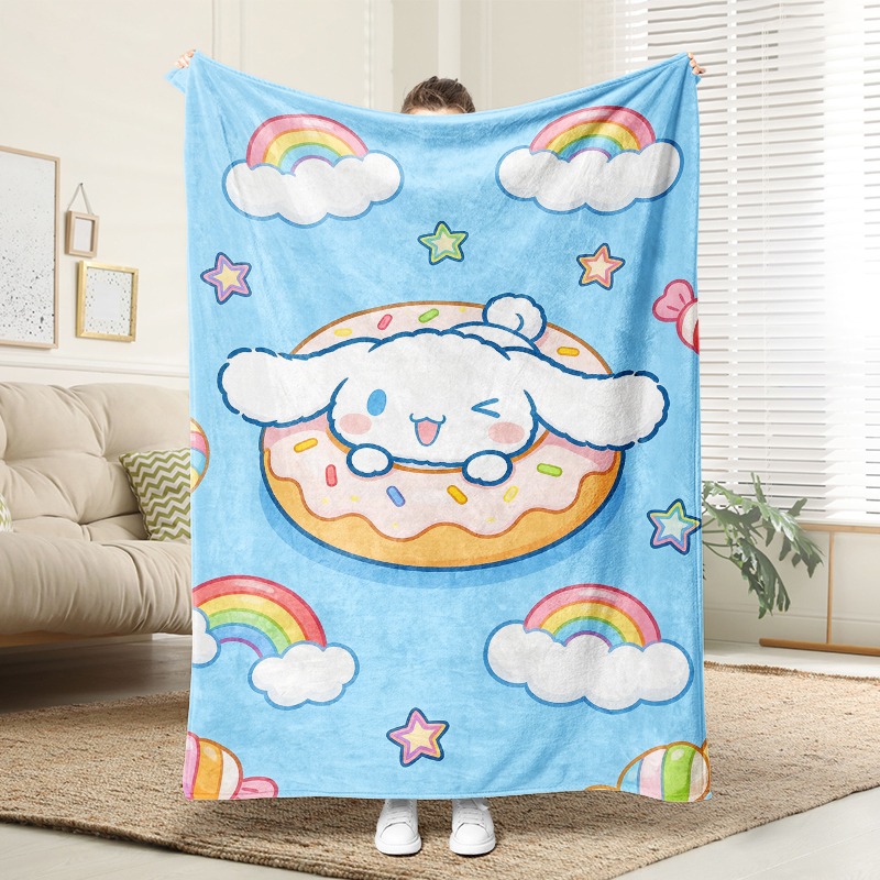 Christmas Throw Blanket - ผ้าห่มซานริโอ ลายซินนามอโรลโดนัทสุดน่ารัก ผ้าห่มขนนุ่มพร้อมลายสายรุ้ง เมฆ และดวงดาว สำหรับตกแต่งห้องนั่งเล่นให้บรรยากาศอบอุ่น
