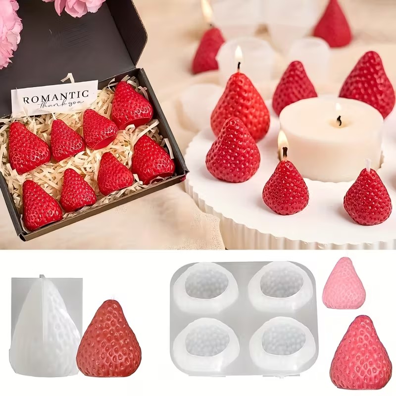 Holiday Candle Set - แม่พิมพ์เทียนซิลิโคนรูปสตรอว์เบอร์รี่ สำหรับทำสบู่อโรมาเธอราพี งานเรซิ่น ของขวัญวันวาเลนไทน์ งานแต่งงาน วันเกิด