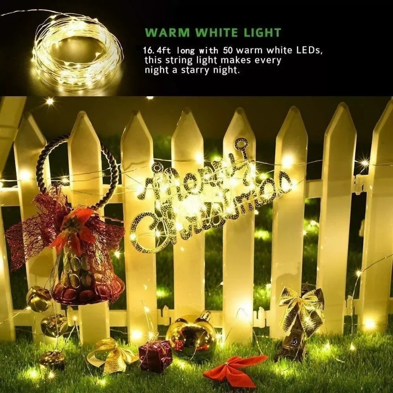 Led Fairy String Lights - ไฟประดับสายไฟโซลาร์เซลล์ LED สำหรับกลางแจ้ง 1 ชิ้น ไฟสายทองแดงตกแต่งสวน