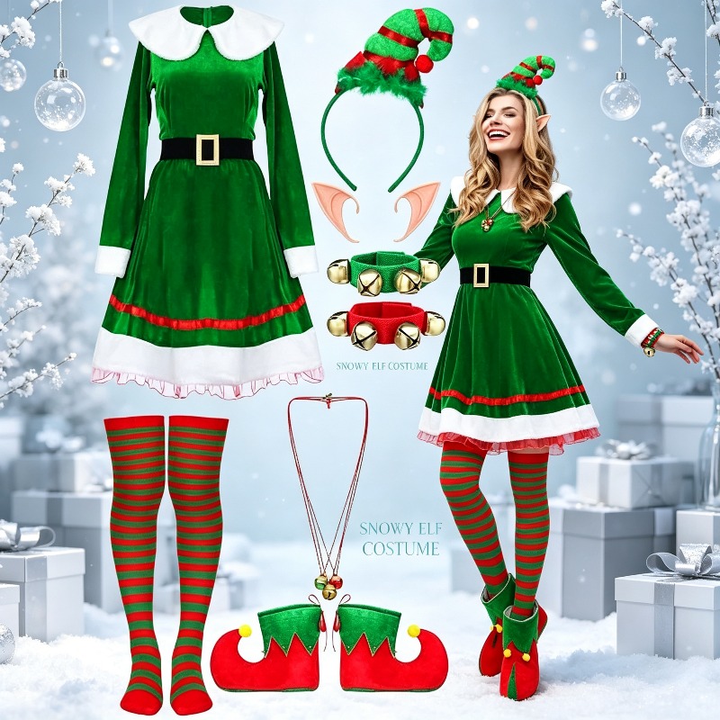 Elf Costume Christmas - ชุดคอสตูมเอลฟ์คริสต์มาสสำหรับผู้หญิง, ชุดเดรสกำมะหยี่พร้อมเข็มขัด, ถุงเท้าลายทางและหมวกเอลฟ์, ชุดคอสเพลย์ปาร์ตี้คริสต์มาสสำหรับผู้หญิงในช่วงวันหยุด