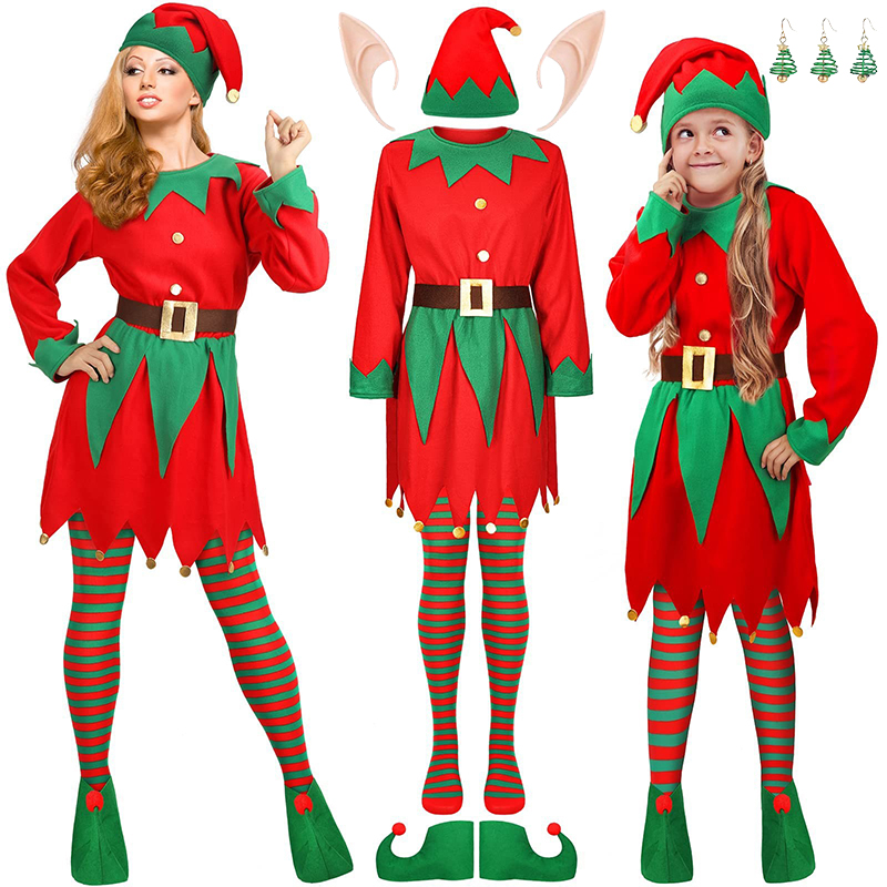 Elf Costume Christmas - คริสต์มาส Elf เครื่องแต่งกายเด็กผู้ใหญ่ Santa Claus เสื้อกางเกงหมวกเข็มขัดครอบครัวจับคู่เสื้อผ้าชุดผู้หญิงผู้ชาย