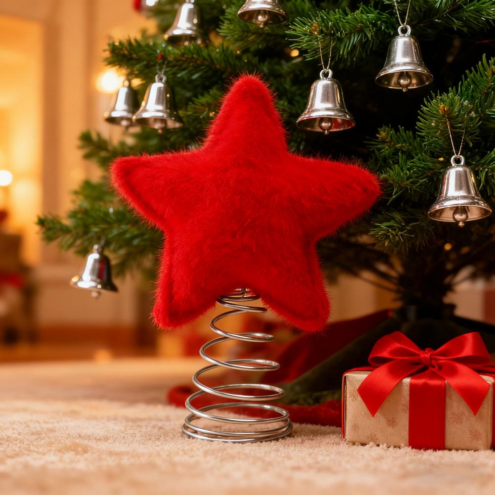 Star Tree Topper - ท็อปเปอร์ต้นคริสต์มาสรูปดาวห้าแฉกแบบตุ๊กตาขนนุ่ม โครงโลหะฐานยึดแน่น ของตกแต่งวันหยุดแบบดั้งเดิมสำหรับบ้าน
